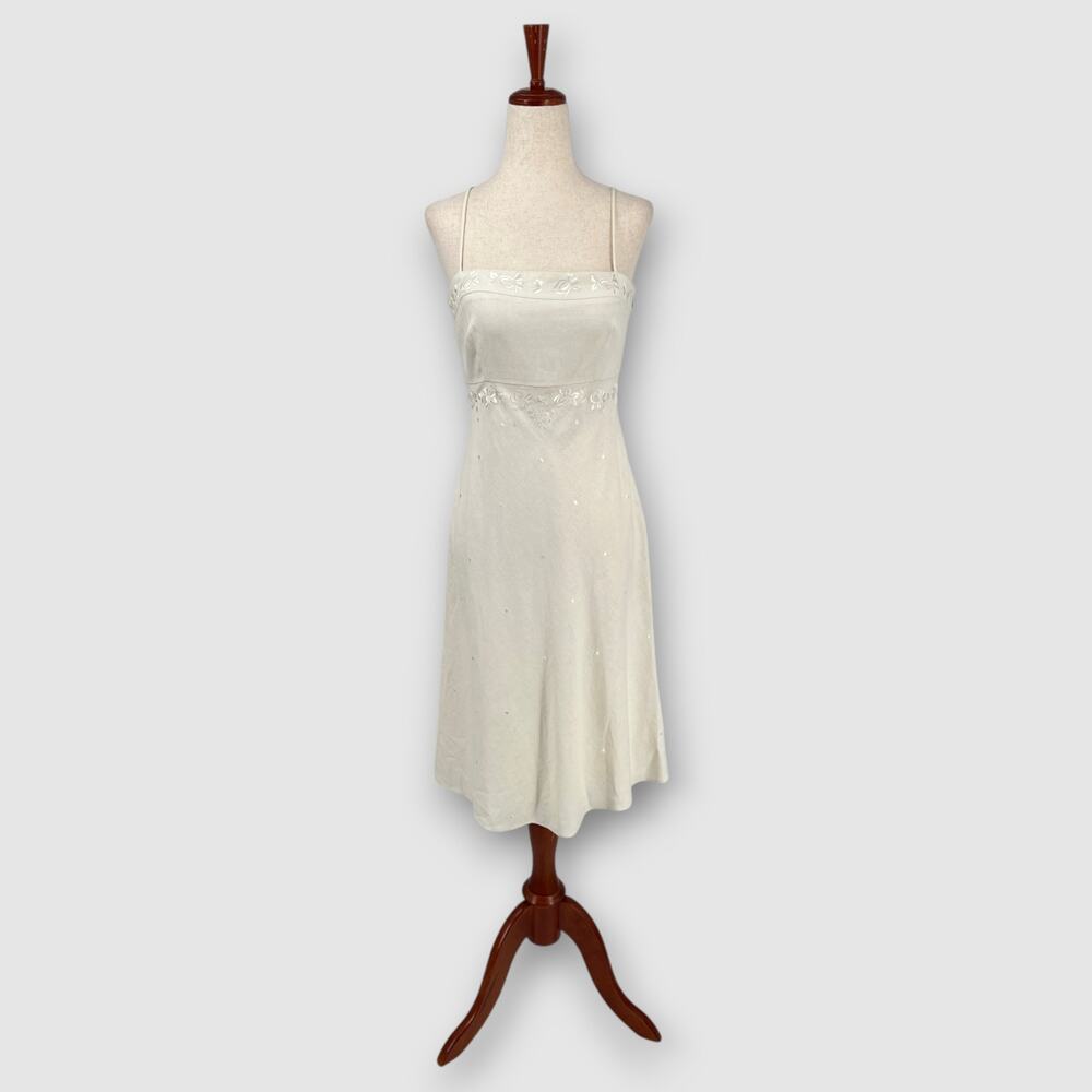 Vintage Ann Taylor Linen Embroidered Midi Dress Spaghetti Strap Ivory Size 4P - Picture 6 of 6